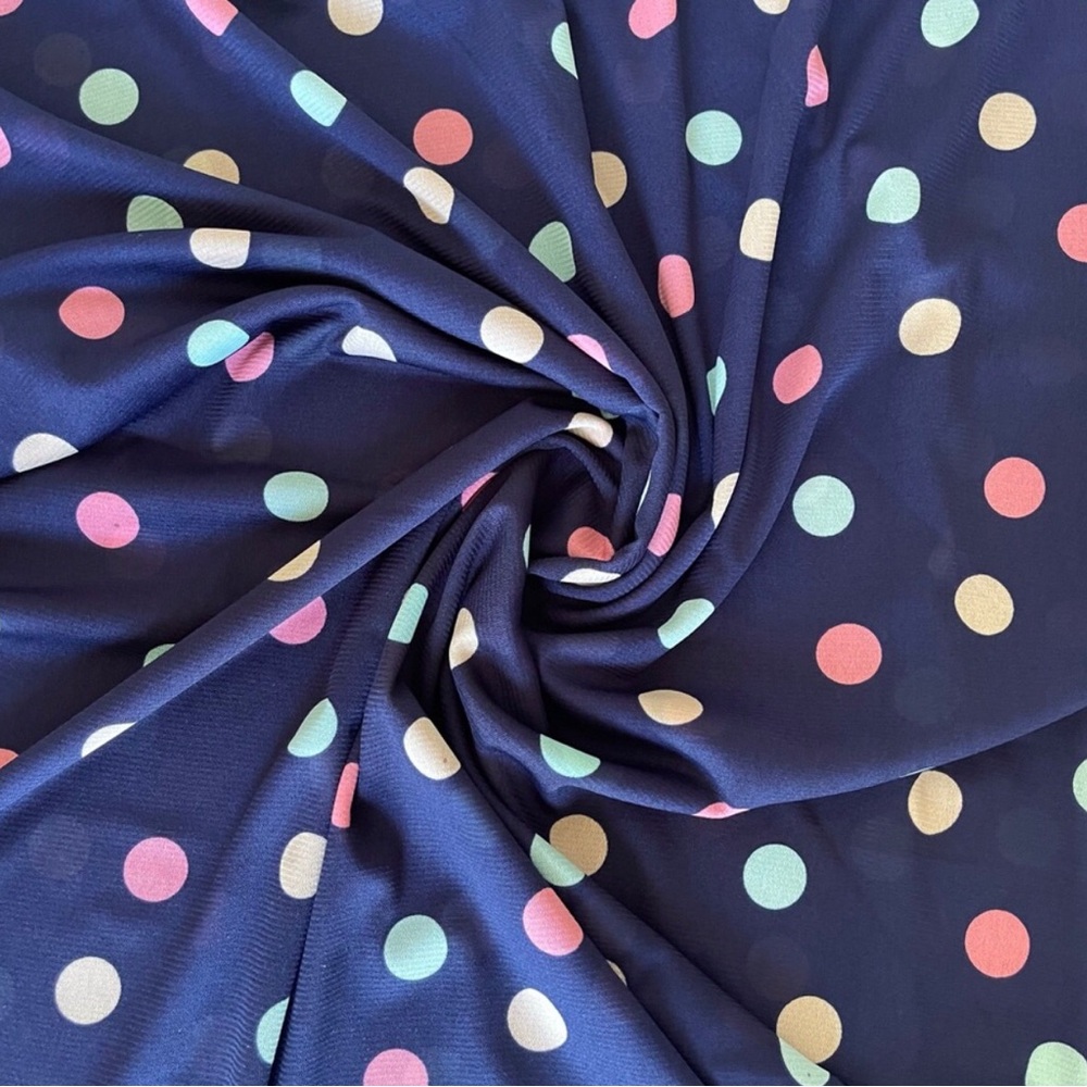 Colorful Navy Blue Multicolor Polkadot Poly Print Sheer Stretchy Fabric